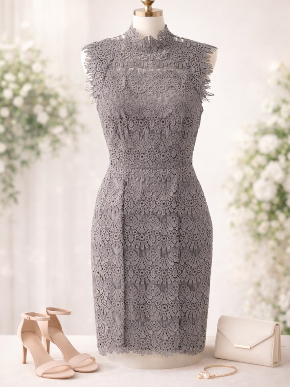 Backless Grey Lace Sheath Dress with High Neck